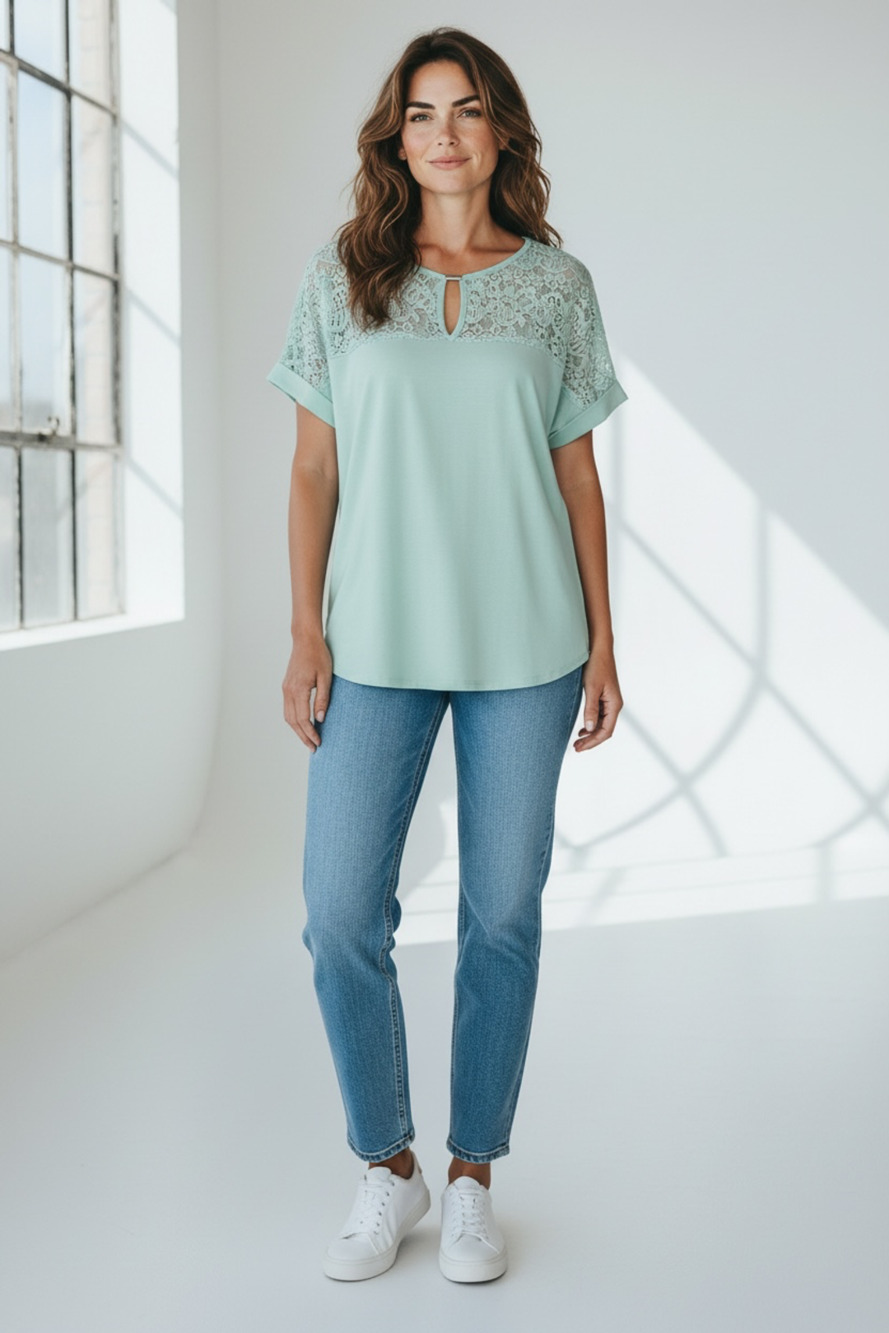 Calvin Klein Women's Light Blue Short Sleeve T-Shirt Top with Lace Yoke and Meta